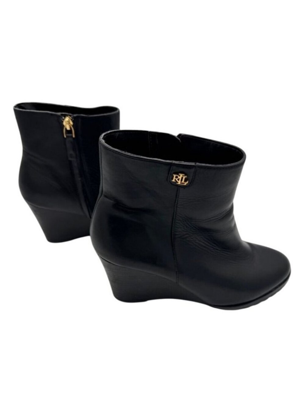 Lauren Ralph Lauren Shaley Black Leather Wedge Ankle Boots Gold Logo Women's 8